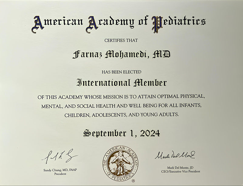 Dr. Farnaz Mohamedi - aap.org - American Academy of Pediatrics Certificate of Membership